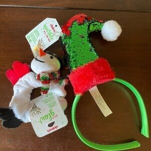 SET Claire's Sparkle Elf hat Headband Hair Snowman pony holder Scrunchie NEW
